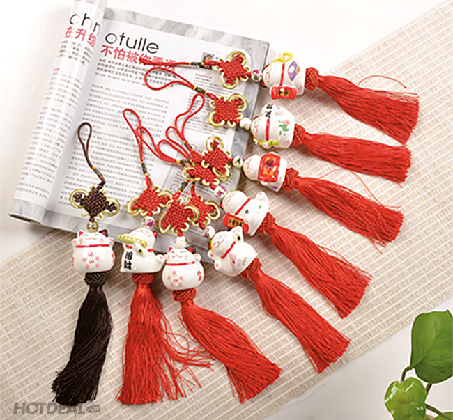 Tượng Mèo Đáng Yêu Cầu May Mắn Có Dây Treo Trang Trí Xe Hơi, Bàn Làm Việc - 100% Bằng Sứ